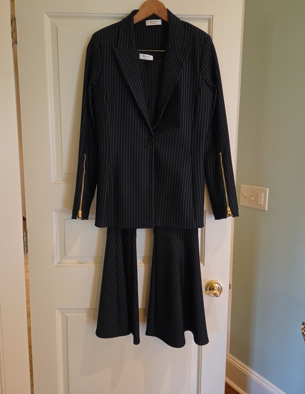 Bailey 44 Dark Navy Pinstripe Wide-Leg Pantsuit Set with Gold Zippers